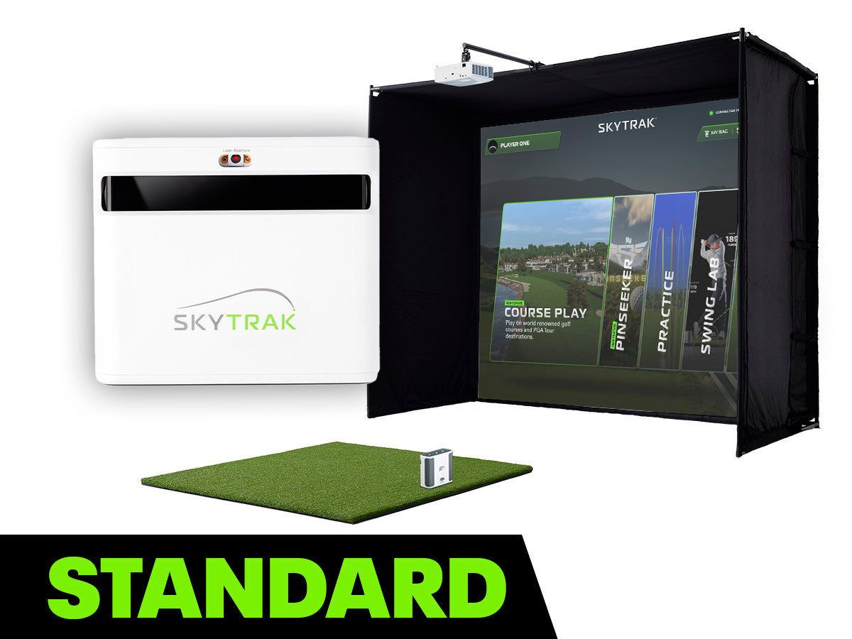 Golf simulation system with screen, mat, and device on a white background