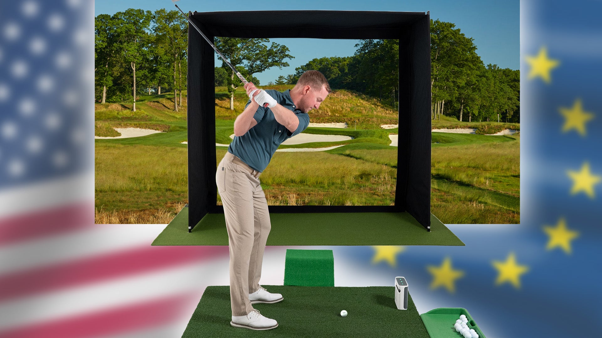 Man practicing golf swings on a simulator with a scenic golf course background.