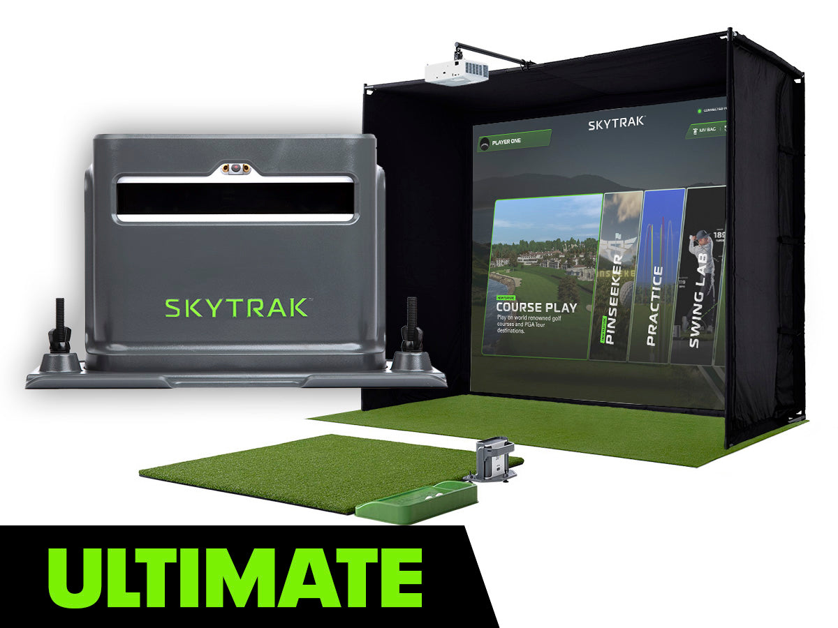 SKYTRAK golf practice system with screen and mats on a white background