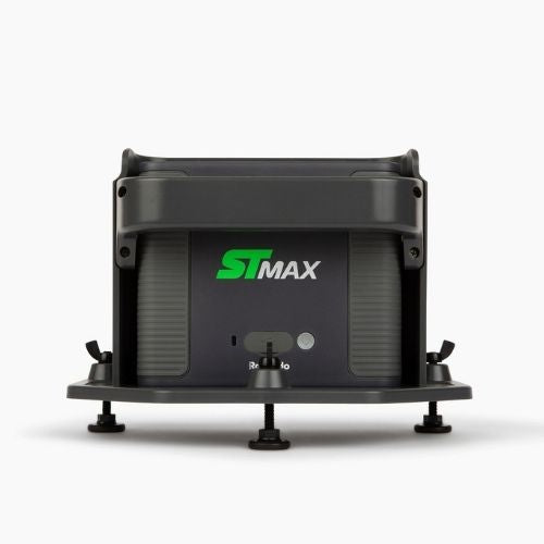 Charcoal grey ST MAX launch monitor in its protective case on a white background