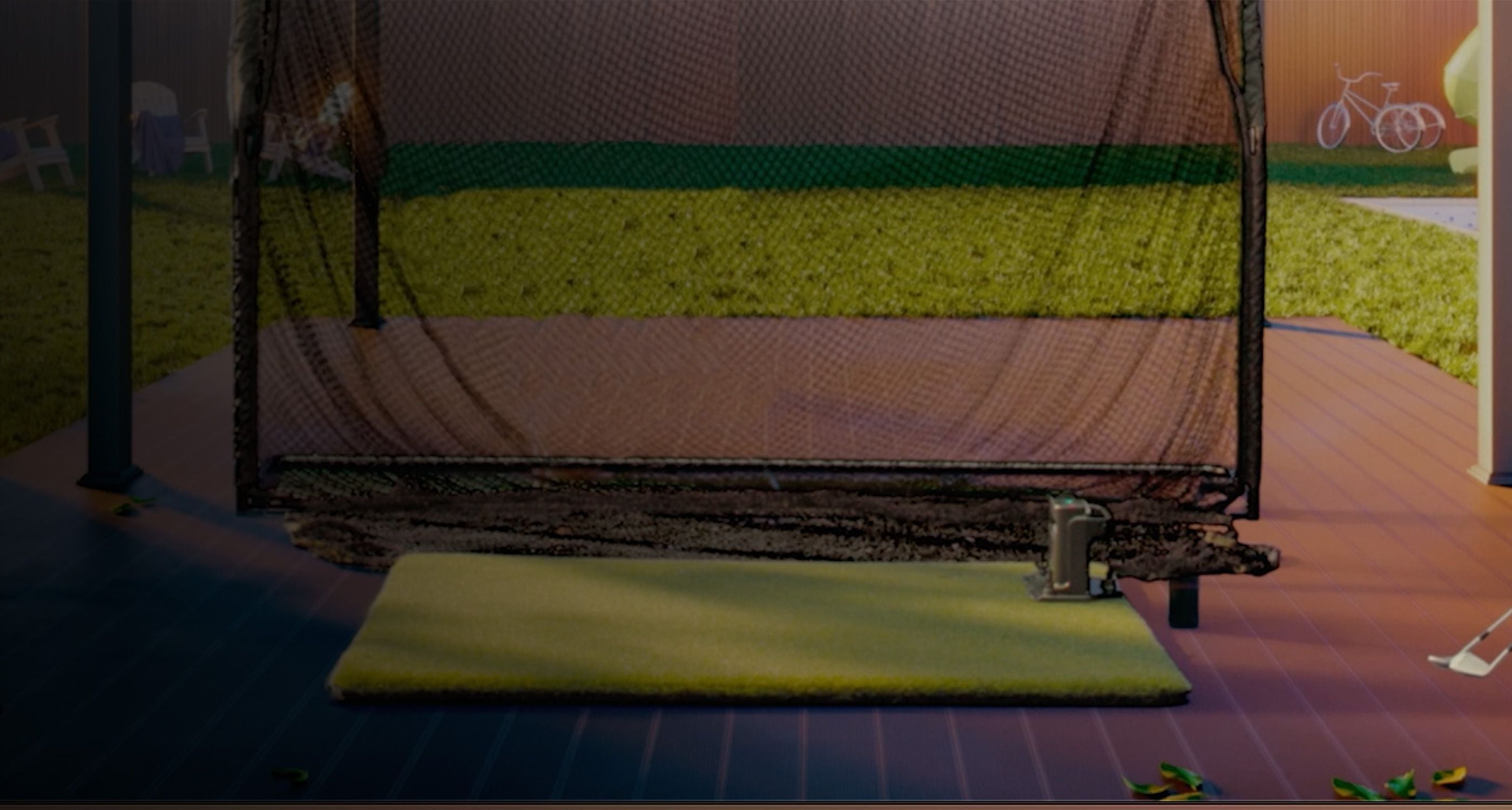 Outdoor DIY golf simulator set up with net and mat accessories