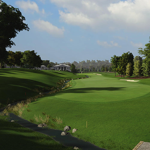 Quail Hollow Golf course with green grass and trees under a blue sky