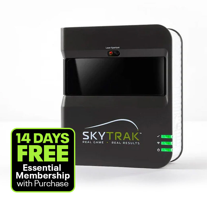 Black device with SkyTrak logo and promotional text on a white background