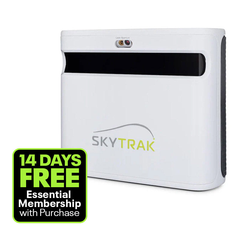 White electronic device with SKYTRAK branding on a white background, featuring a promotional offer.