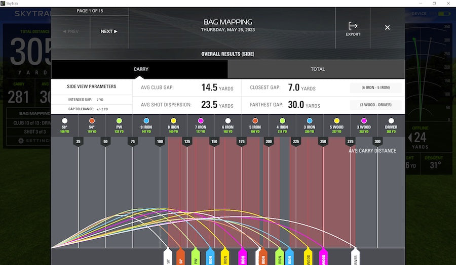 Bag Mapping screen for SkyTrak game improvement software