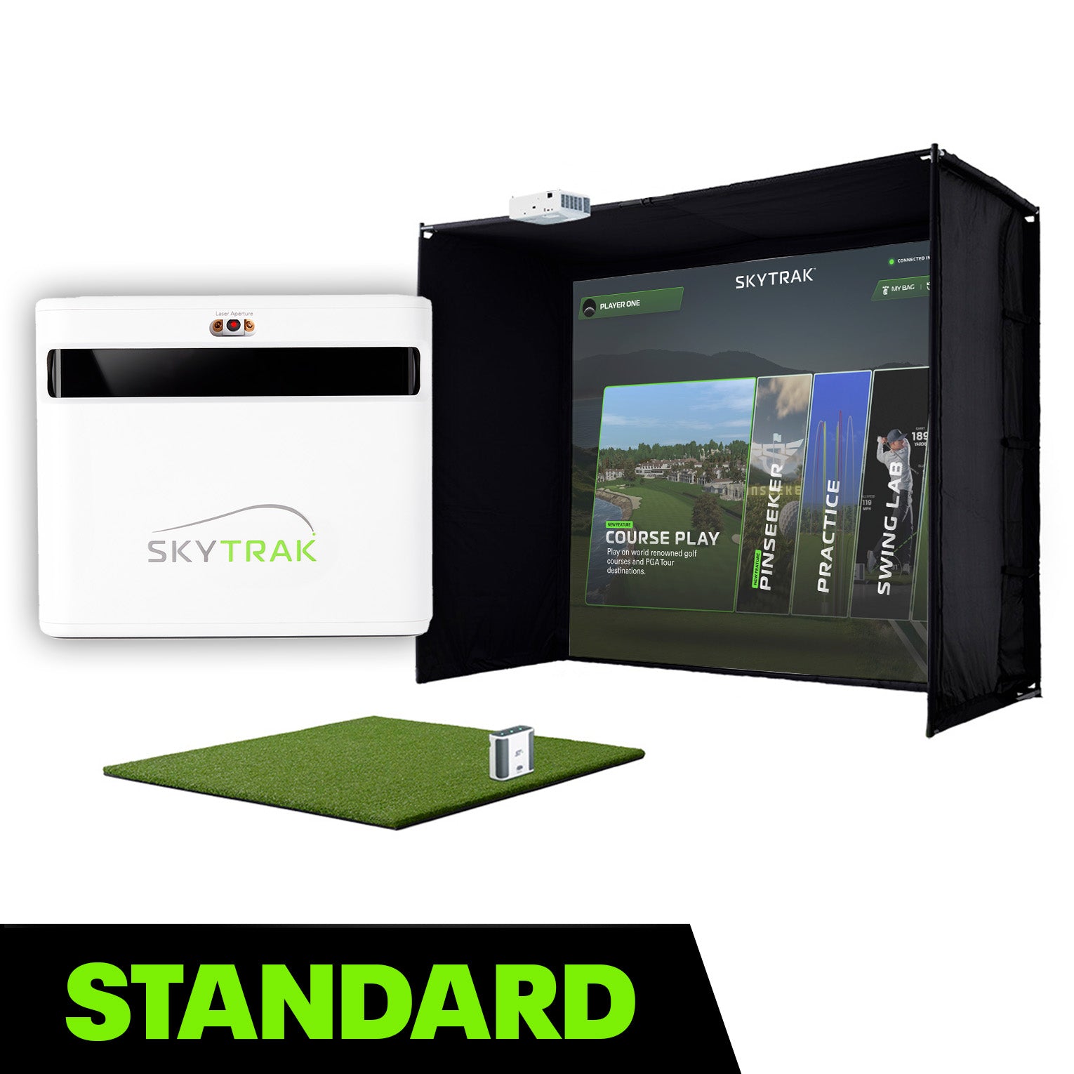SKYTRAK golf indoor golf studio with screen, mat, and controller on a white background