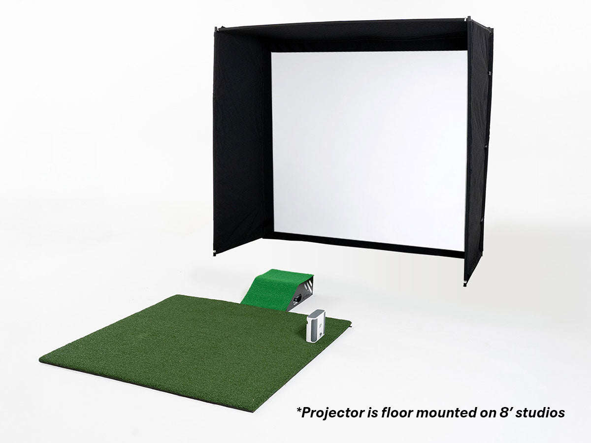 Golf simulator setup with screen, green mat, and projector on a white background