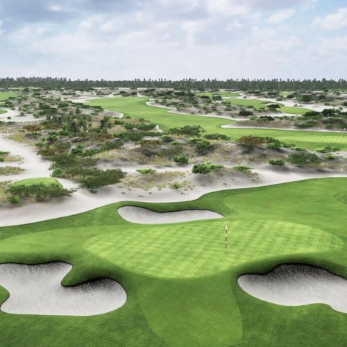 Albany Golf course with green fairways and sand bunkers under a cloudy sky.