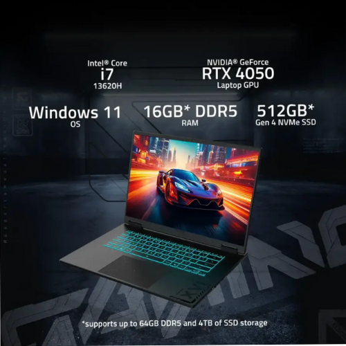 Laptop with gaming graphics on screen, featuring Intel Core i7-13620H, NVIDIA GeForce RTX 4050, Windows 11, 16GB DDR5 RAM, and 512GB SSD.
