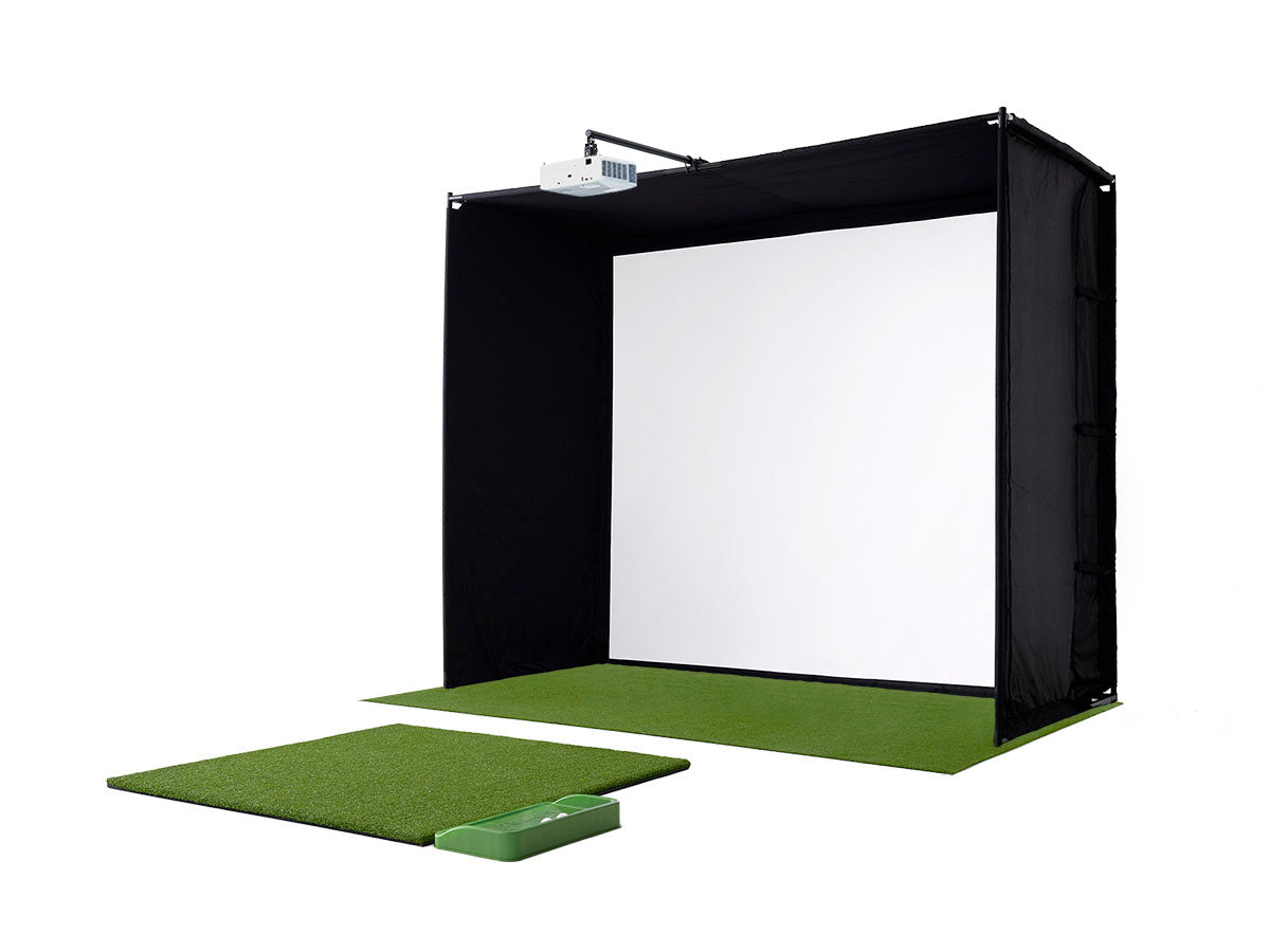 Golf practice simulator with screen and green mat on a white background