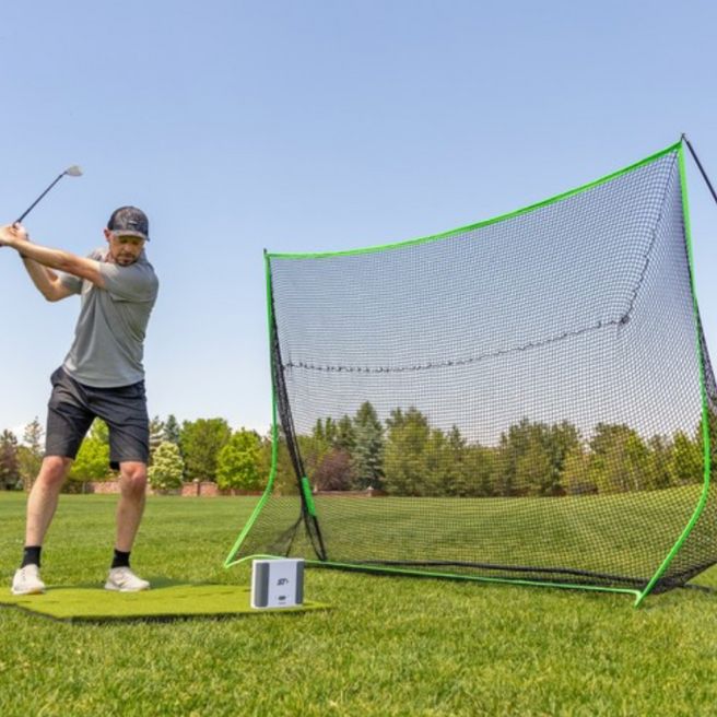 The perfect backyard setup with the  SKYTRAK+ launch monitor, 5x3 hitting mat, and 10x7 net 