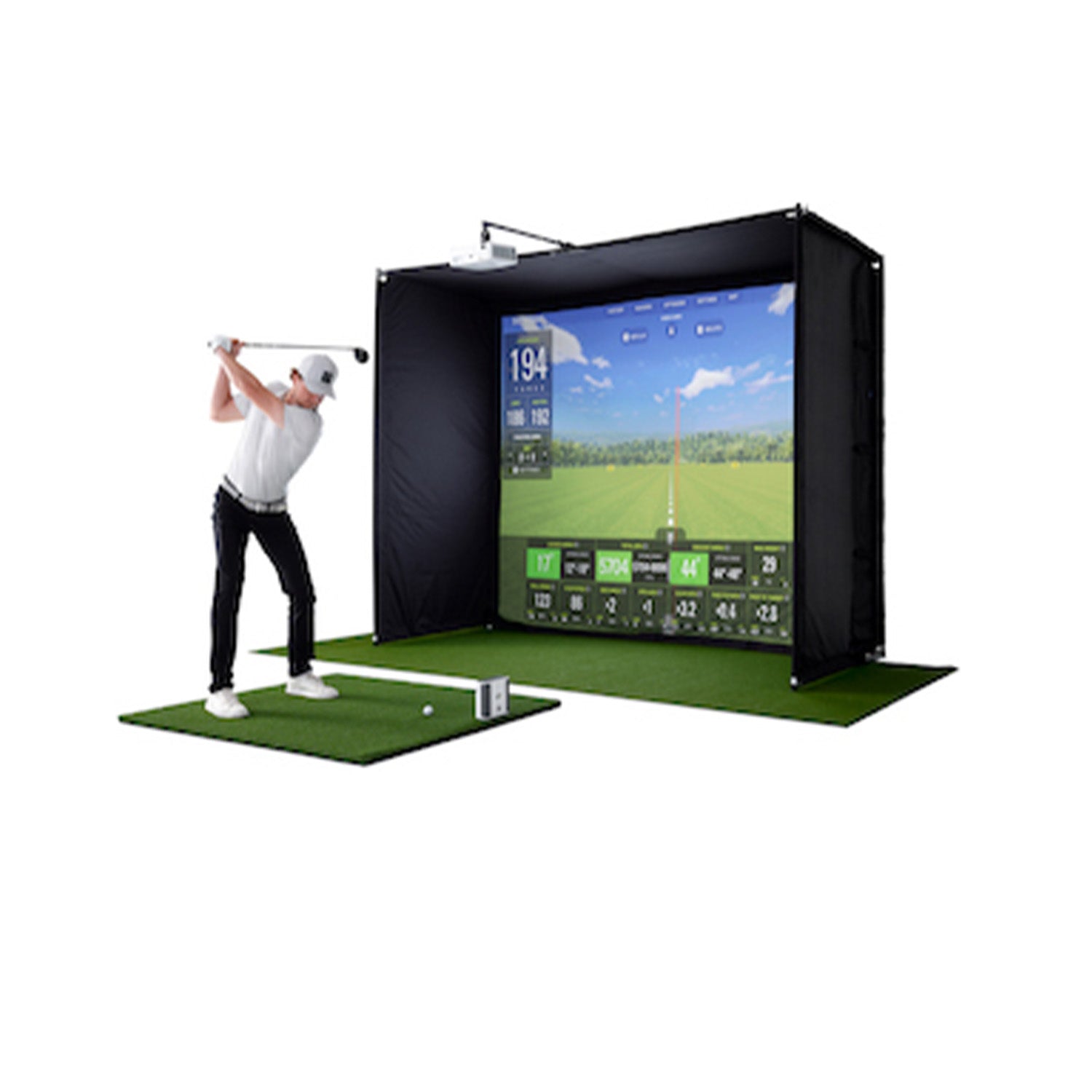 Man playing golf simulation with SKYTRAK plus launch monitor