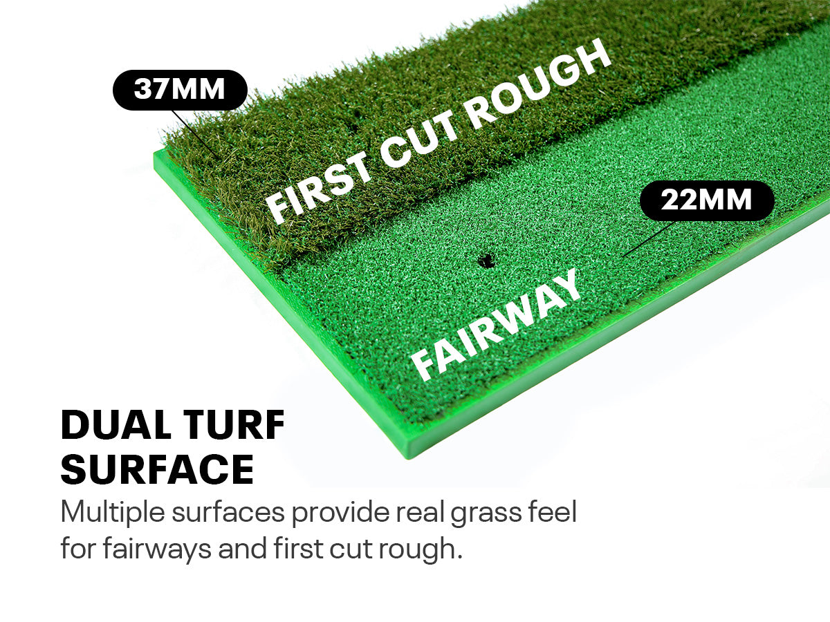 A dual-surface golf practice mat showcasing a first cut rough area and fairway section, designed for practicing different types of shots 