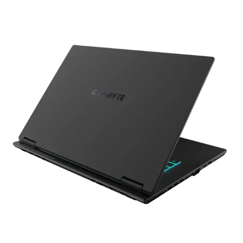 Black laptop with a visible brand logo on a white background