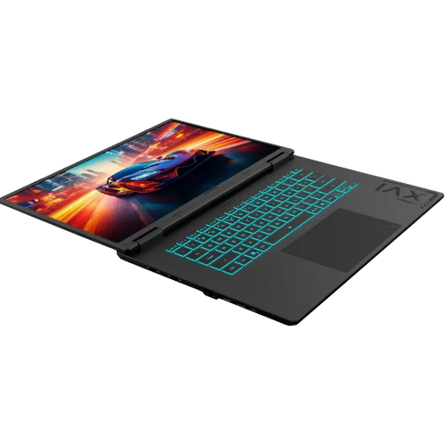 Laptop with colorful display and keyboard on a white background
