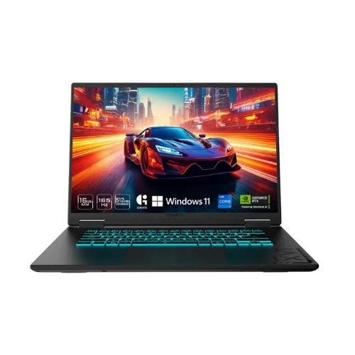 Gaming laptop with a car on the screen on a white background