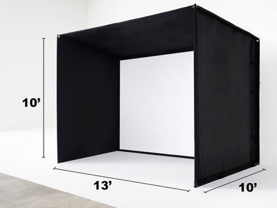 a black tent with a white screen and a white background