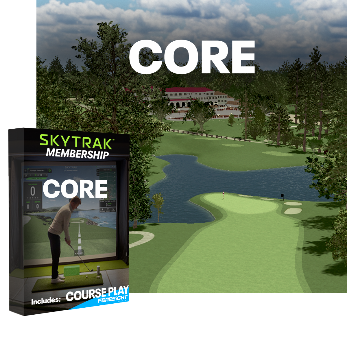 Skytrak core membership box for golf simulation software with a golf course background