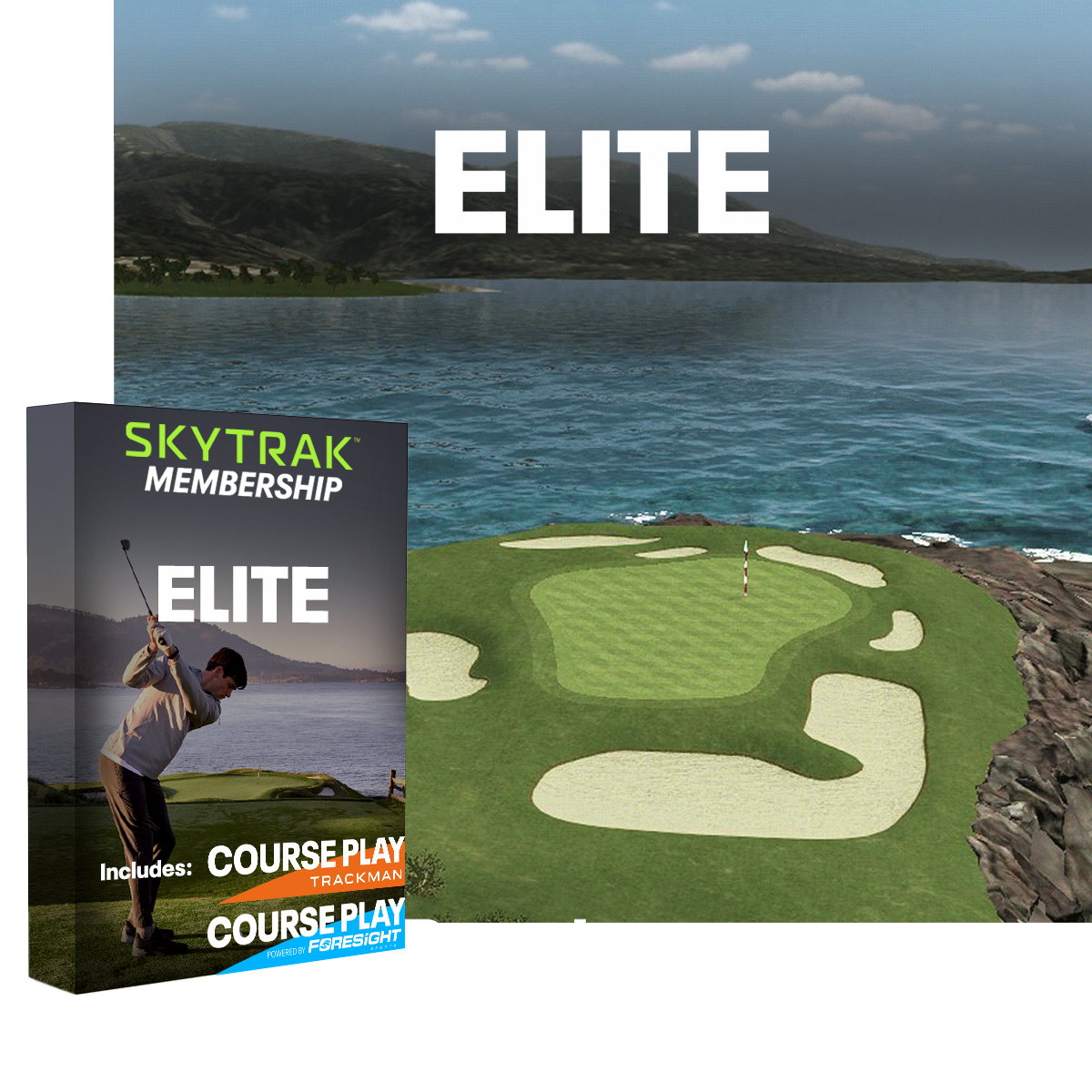 SkyTrak Elite membership package with a golf course and lake background