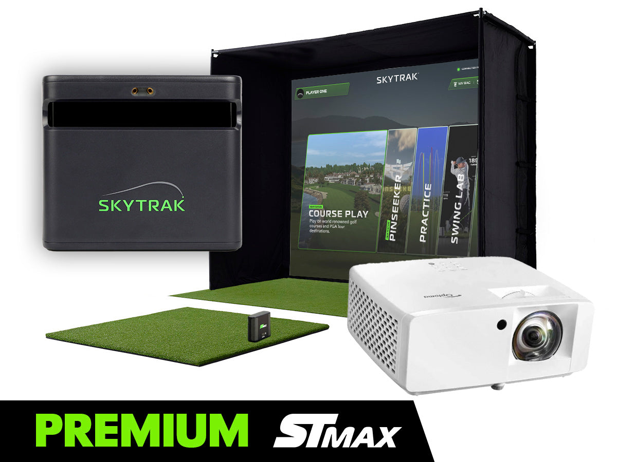 Indoor golf simulator setup with SKYTRAK ST MAX golf launch monitor, mat, and projector.