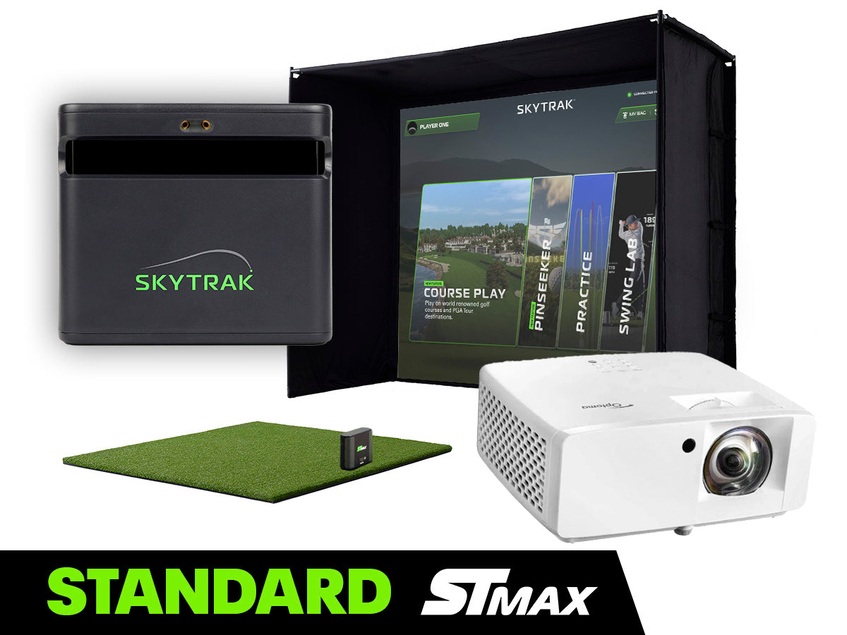 Indoor golf simulator set with SKYTRAK MAX Launch Monitor, projector, and mat on a white background.
