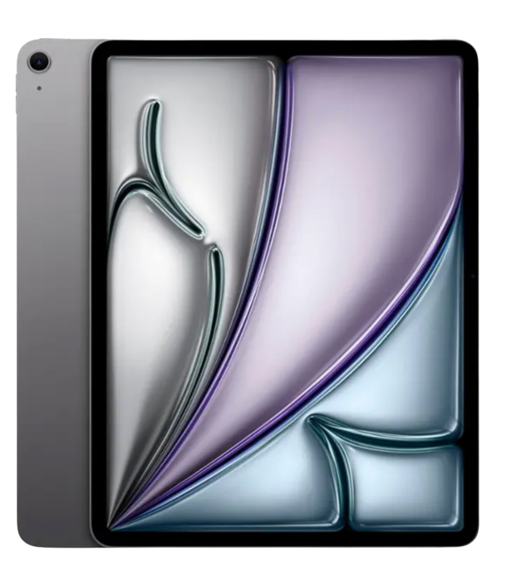 Front screen view and camera of space grey Apple iPad 13 inch Air M2 chip built for Apple Intelligence Wi-Fi 256GB