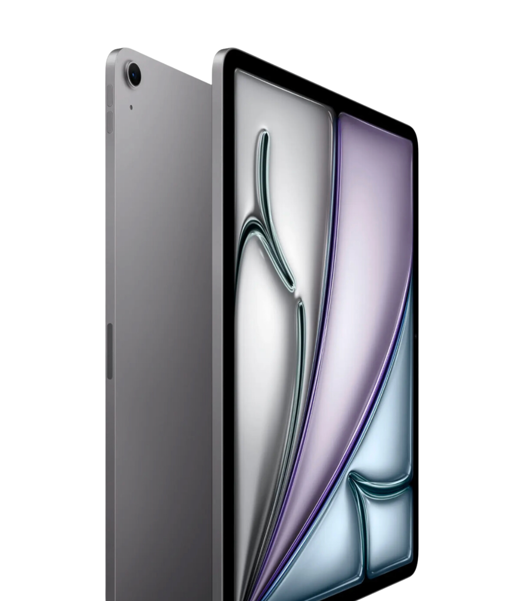 Side view of light weight, thin, space gray Apple 13 inch iPad Air 