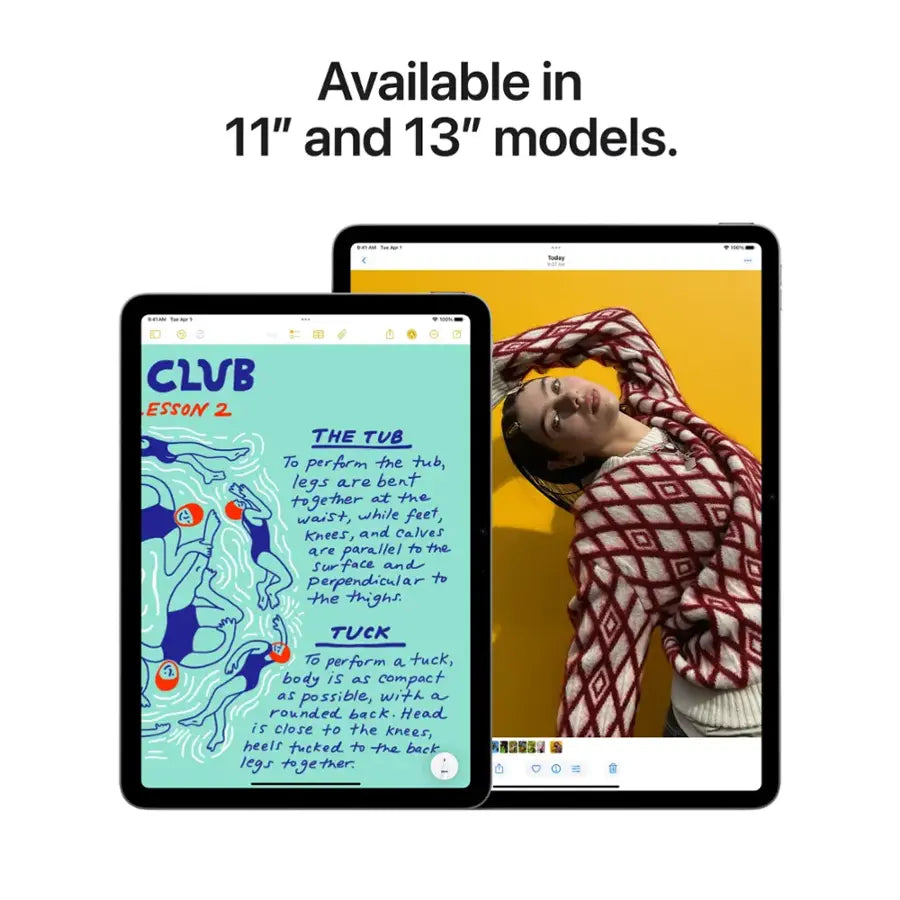 Two iPad's displaying different content with text 'Available in 11" and 13" models.'