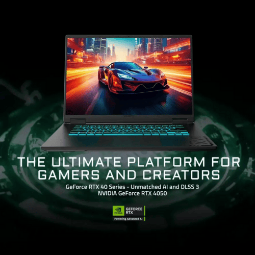 Gaming laptop with a car on the screen, featuring NVIDIA GeForce RTX 4050 graphics card.